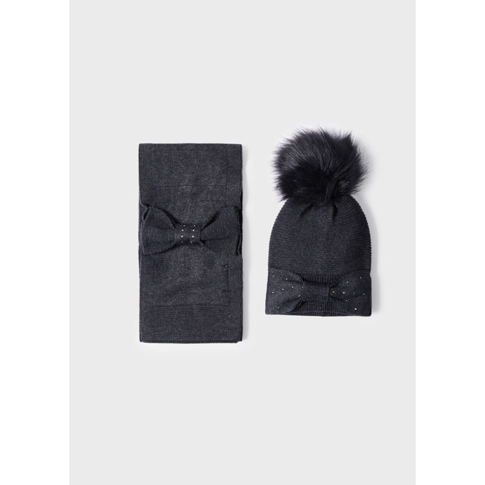 Size 12 Girls Mayoral Charcoal Kids Hat and Scarf Set with Bow